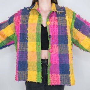 Vintage Keren Hart Colorblock Stringy Fringe Shaggy Rag Jacket